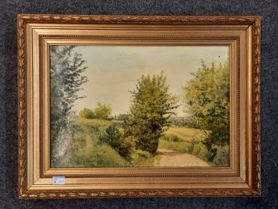 an oil painting of a country road with trees in the distance