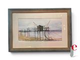 framed watercolor painting of a pier with a boat in the water