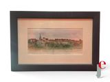 framed watercolor painting of a view of a city from a distance