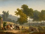 painting of a painting of a group of people riding horses in a field