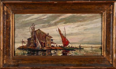 an oil painting of boats in a body of water with a building in the background