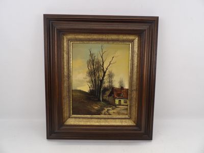 un tableau représentant une scène de campagne avec une maison et des arbres