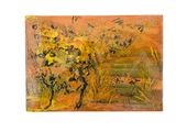 un tableau représentant deux flamants roses dans l'eau, près d'un arbre