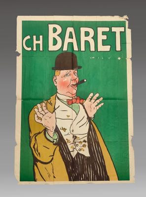 une affiche représentant un homme coiffé d'un haut-de-forme et fumant la pipe