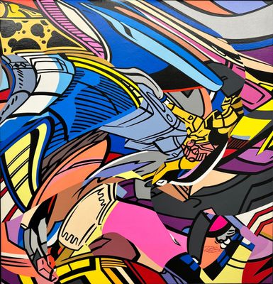 painting of a man riding a motorcycle with a lot of colorful designs on it
