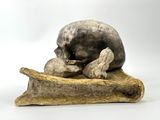 a sculpture of a human skull on a piece of wood