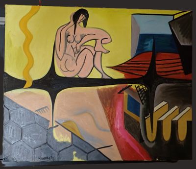 a painting of a woman sitting on a couch