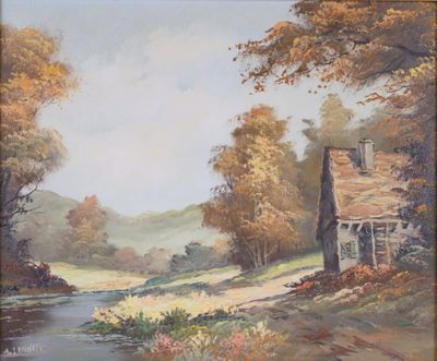 tableau représentant un gîte au bord d'une rivière, dans un cadre boisé