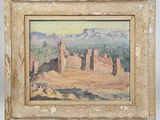an old painting of a castle in the desert with mountains in the background