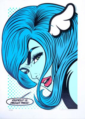 an image of a woman with blue hair and horns on her head