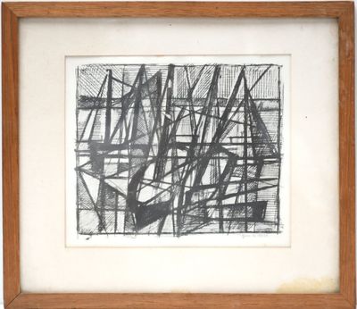 a black and white drawing of abstract shapes in a wooden frame