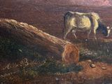 a painting of a cow and a dog in a field