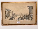 an old drawing of a street scene with people walking and a horse drawn carriage