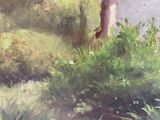 a painting of a man standing in a field with a frisbee in his hand