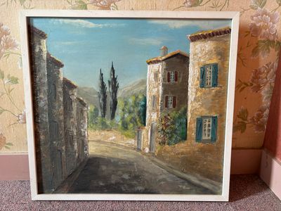 une photo d'un tableau représentant une rue à la campagne