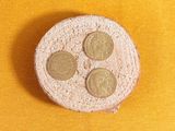 a piece of bread that has four coins on it