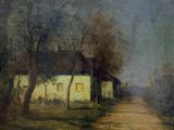 an image of a painting of a country road with a house in the background