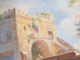 a painting of a castle with a horse and carriage in front of it