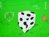 dessin représentant un ballon de football et un cube de football sur fond vert