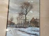 framed picture of a painting of a village in winter with a tree in the foreground