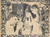 un dessin représentant une femme et un homme dans une pièce
