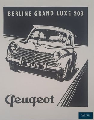 an old poster of a car driving down a road with a man in the back seat