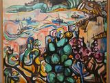 peinture représentant un tableau représentant un paysage désertique avec un bateau au loin