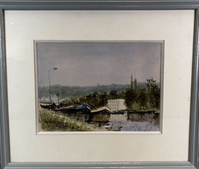 painting of a boat in a body of water near a building