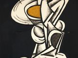 a black and white painting of a woman with a hat on her head