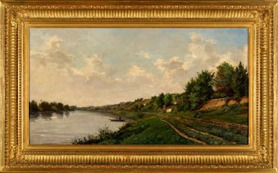 une peinture à l'huile représentant une scène de rivière avec un bateau au premier plan