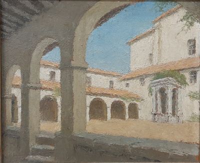 une peinture à l'huile représentant une cour avec des arcades et un bâtiment en arrière-plan