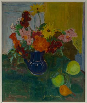a painting of flowers in a blue vase on a table