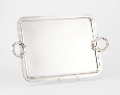 rectangular silver tray with handles and handles on a white background