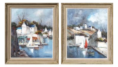 two paintings of boats in a harbor on a sunny day