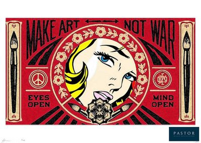tableau représentant le visage d'une femme sur fond rouge, avec l'inscription « Make art, not war »