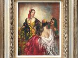 un tableau représentant une femme en robe rouge accompagnée de deux autres femmes