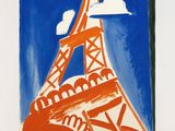 painting of the eiffel tower against a blue sky with clouds