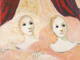 painting of two women sitting in front of a red curtain
