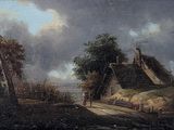 a painting of a farm scene with a windmill in the background