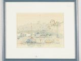 drawing of boats in a harbor with a city in the background
