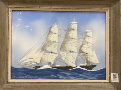 une peinture à l'huile représentant un grand voilier en pleine mer, avec des oiseaux qui volent tout autour