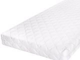 the mattress is made of a thick, white fabric and has a quilted cover