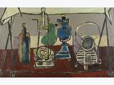 a painting of a table with a vase and a plate of food on it