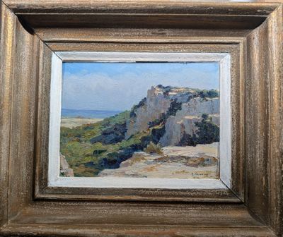 une peinture à l'huile représentant une falaise rocheuse avec vue sur l'océan