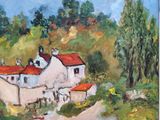 painting of a white house with a red roof and a red roof