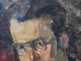 painting of a man with glasses and a beard in a red shirt
