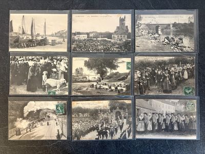 several old black and white photos of a group of people on a street