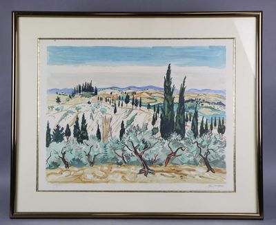 peinture d'un paysage avec des arbres et des collines en arrière-plan