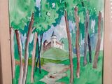 a picture of a painting of a path in the woods