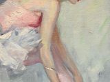 a painting of a woman in a tutu tying up her ballet shoes